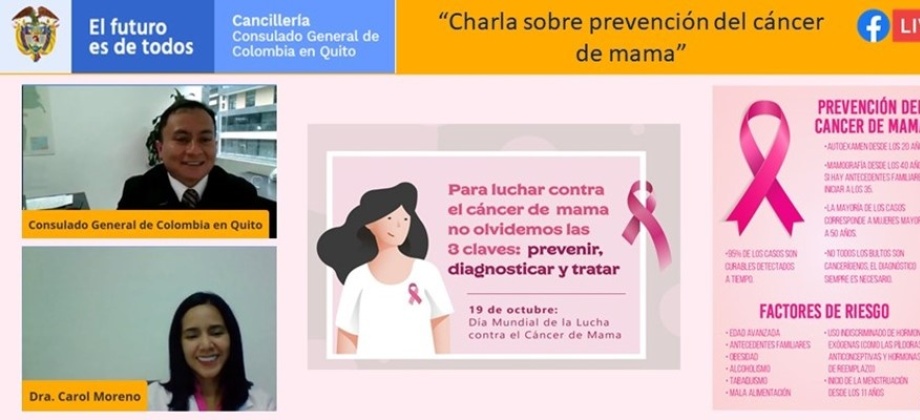 Consulado de Colombia en Quito realizó la charla sobre la prevención y la importancia de adoptar estilos de vida saludables para prevenir el cáncer de mama